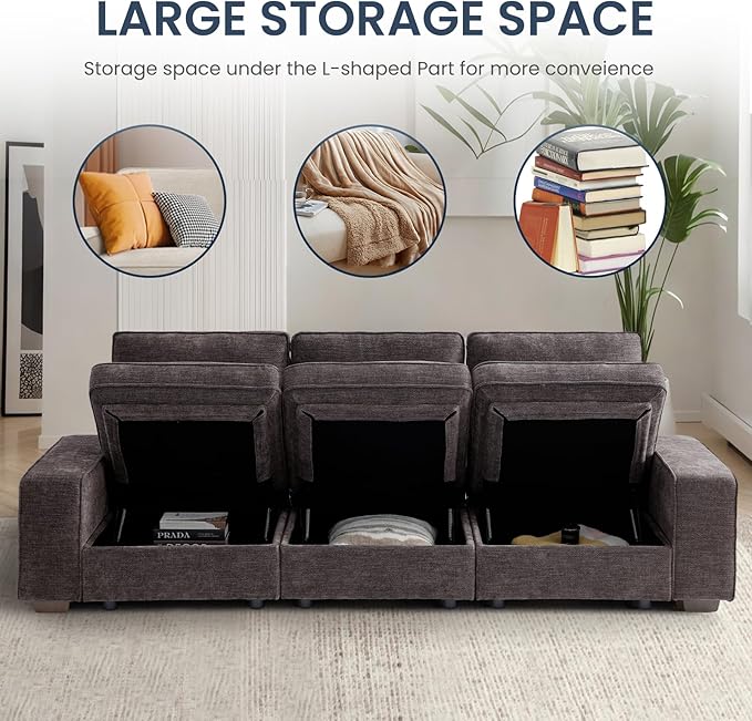 TEKAMON 100" Modular Sofa with Seats Storage, Comfy 3-Seater Chenille Fabric Couch for Living Room, Office, Apart W/Deep Seat, USB Charging, Side Pockets, Couch with Removable Cover (Dark Grey)