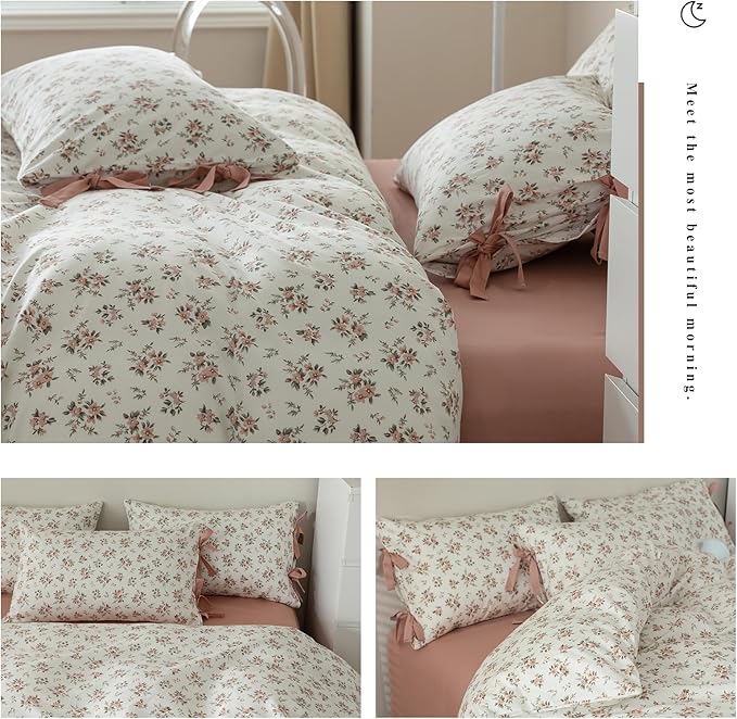 Boho Floral Duvet Cover Full Girl Soft Cotton Pink Floral Bedding Set for Teen Dorm with 2 Bow Tie Pillowcases,Aesthetic Chic Comforter Cover Full with Zipper Closure,Room Decor Bedding