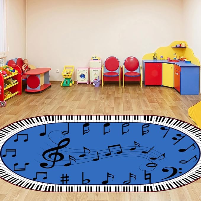Piano Keyboard Kids Rug 5x7ft - Non-Slip Washable Music Notes Carpet for Nursery, Playroom & Classroom - Black White Keys Educational Floor Mat
