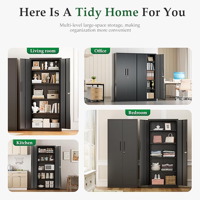 Crownland 63" Metal Storage Cabinet, Lockable Garage Storage Cabinets, High Office Cabinet with Adjustable Shelves for Garage, Home Office, Pantry, File(Black)