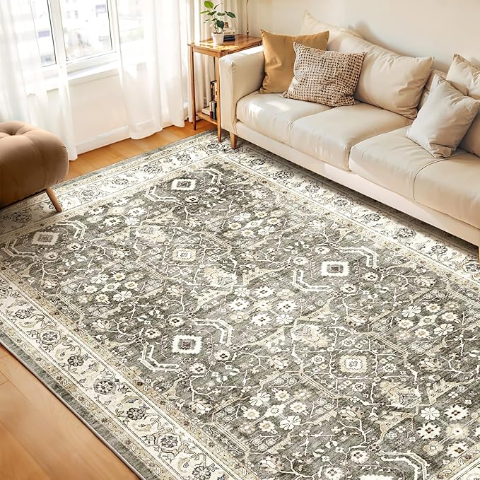 WITSHOCK Living Room Area Rugs 9x12: Washable Rug Boho Soft Non-Slip Low Pile Stain Resistant Foldable Carpet for Bedroom Playroom Dining Room Office Kitchen Farmhouse Home Decor Rug-Brown/Beige