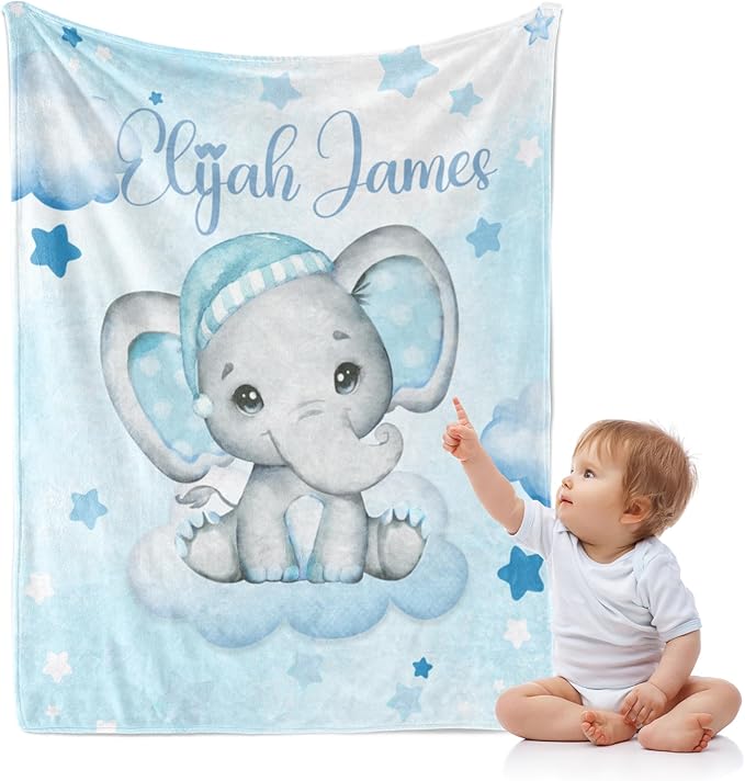 J&SBGFT Personalized Baby Blanket for Boys,Custom with Name, Customized Name Receiving Blankets Toddlers Kids Nursery Stroller Crib Decor Throw 30/''x40/'',Color2, 02-blue Elephant