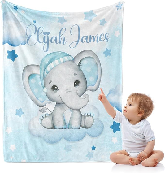 J&SBGFT Personalized Baby Blanket for Boys,Custom with Name, Customized Name Receiving Blankets Toddlers Kids Nursery Stroller Crib Decor Throw 30/''x40/'',Color2, 02-blue Elephant