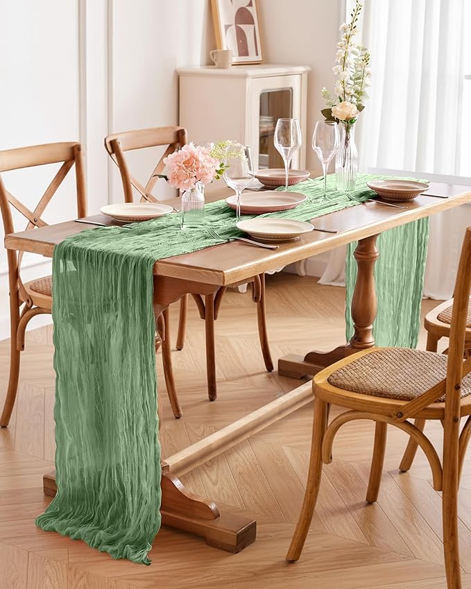 Pureegg 3-Pack Cheese Cloths Table Runner, 120'' Boho Table Cloth Decorations for Party, Baby Shower, Wedding and Farmhouse, Fabric Room Decor, Sage Green
