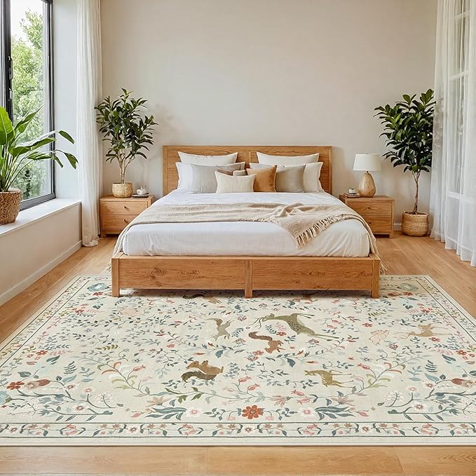 5x7 Area Rugs for Living Room Floral Animal Print Carpet Washable Non-Slip Large Rug Low Pile for Indoor Bedroom Dining Room Nursery Home Office Farmhouse Kids Play Room Beige