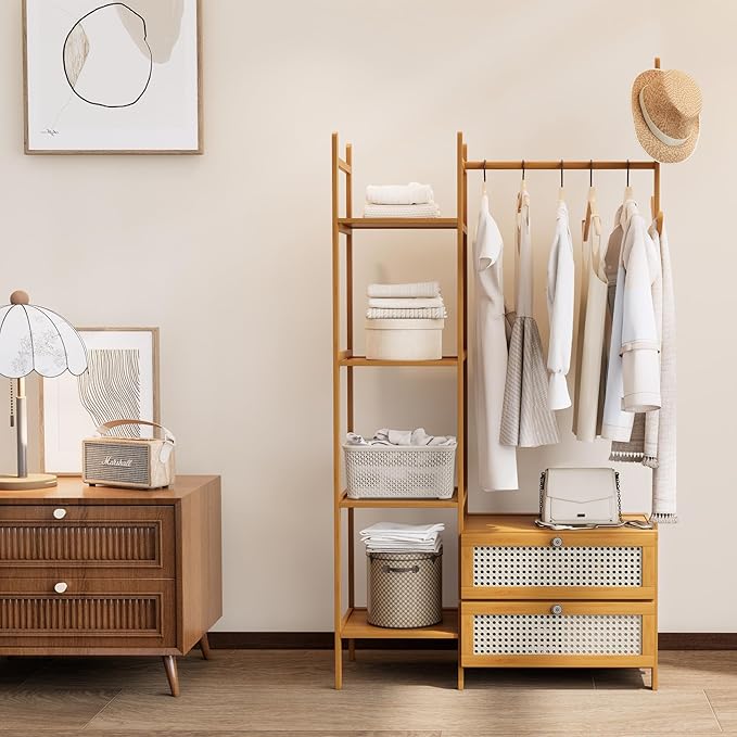 Bamboo Clothes Rack,Garment Rack with Drawers and Shelves,5 Tier Storage Shelves with 6 Hanging Hooks,Wardrobe Closet for Entryway Guestroom Kids Bedroom (31.5inch Width Natural with Rattan Door)