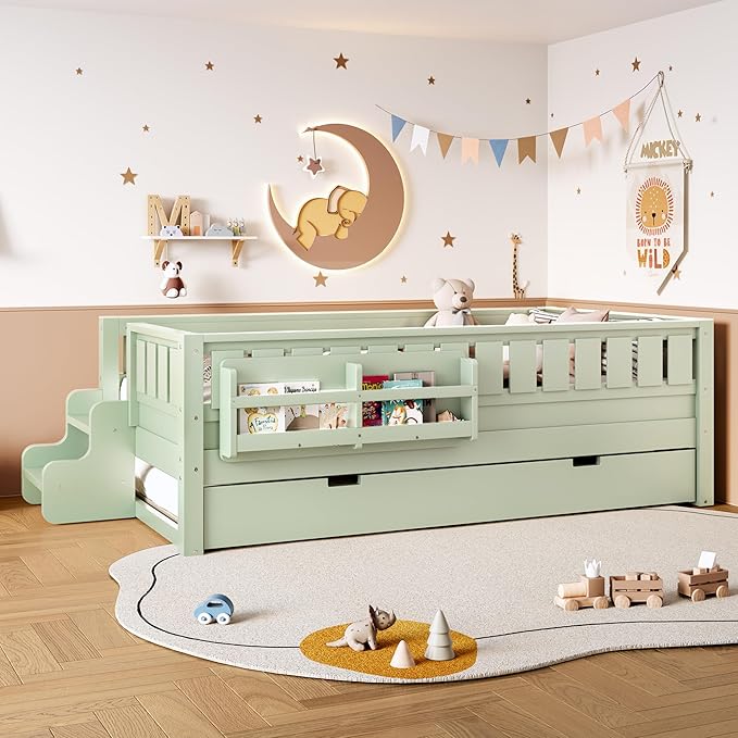 Bellemave Twin Bed with Trundle Twin and Stairs, Twin Size Platform Bed Frame with Fence and Bookshelf, Easy Assemble Beds for Kids, Girls, Boys, Green