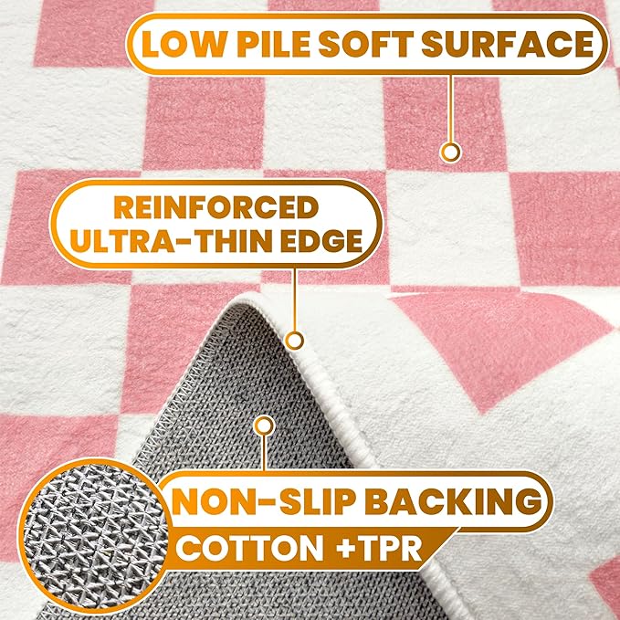 Washable Checkered Rug, 8x10 Pink Checkerboard Modern Boho Foldable Large Area Rugs for Living Room, Low Pile Ultra-thin Non-slip Indoor Carpet for Office Bedroom Diningroom Classroom Playroom