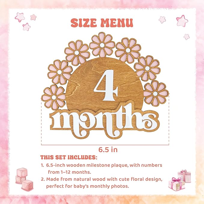 Wooden Baby Monthly Milestone Set, Floral Baby Age Tracker with Numbers and Months Weeks Signs, 3D Layered Wood Photo Prop for Newborn Monthly Pictures, Cute Floral Nursery Keepsake