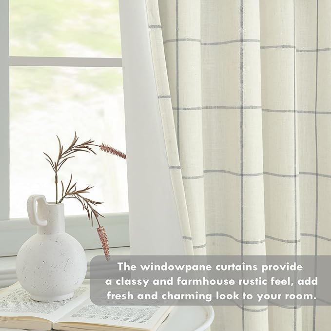 DriftAway 2 Panels 100% Blackout Windowpane Plaid Linen Curtains Double Layer Drapes for Bedroom 72 Inches Long Farmhouse Thermal Insulated 3.25 Inch Rod Pocket Back Tab for Living Room Gray