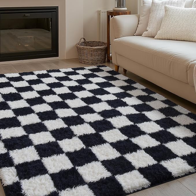Checkered Rug 5x8 for Living Room, Black and White Modern Shag Rug Super Soft Washable Indoor Fuzzy Carpet Non-Slip Fluffy Rugs for Bedroom Home Aesthetic Decor
