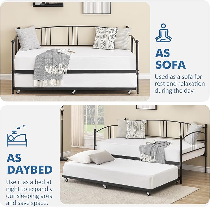 GarveeHome Daybed with Trundle, Sturdy Metal Day Bed with Steel Slat Support, Trundle Bed Twin with Arched Headboard, SofaBed for Living Room, Bedroom and Guest Room, Black