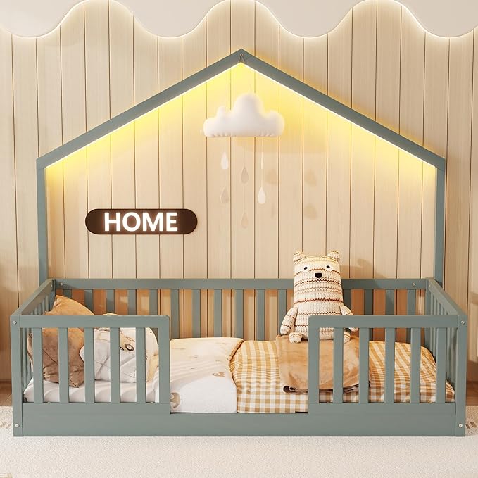 Twin Size House Bed for Kids, Low Profile Montessori Bed Twin with High Railings, Wood House Shape Montessori Beds with Light & Roof for Kids, Gray
