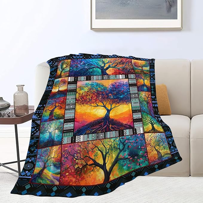 Tree Blanket Colorful Tree Throw Blanket Tree of Life Flannel Stuff Merch Cozy Decor Fleece Soft Plush Fuzzy Warm Lightweight Bedding Gifts for Kids Women Men Girls Couch 60"X50"