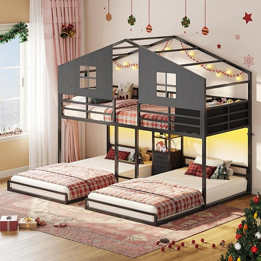 BTHFST Triple Bunk Bed Twin Size with House, 4 Storage Drawers, Charging Station and LED Lights, Metal Kids Bunk Bed with 13.4" H Safety Guardrail and Play Curtain, DIY House Shaped Bed, Black