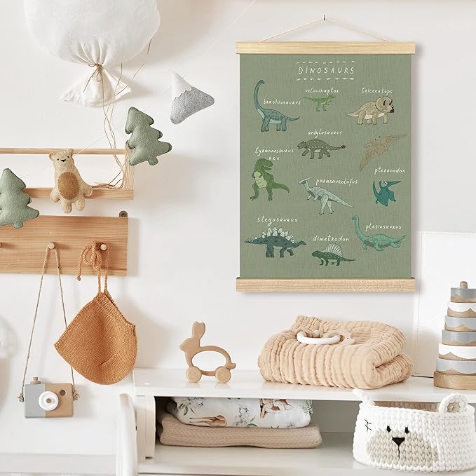 BCUANGD Dinosaur Dino Wall Decor - Light GreenBaby Toddler Boys Room Wall Art Poster Hanger with Wood Frames, Inspirational Wall Hanging Canvas Decor for Kids Room Nursery Bedroom, 12x16 Inches