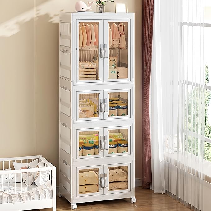 Kids Wardrobe Closet, 4Tiers Portable Foldable Children’s Clothes Organizer with Wheels Cabinet Toddler Dresser Storage Organizer with Hanging Rod & 6 Hangers for Kids Bedroom or Nursery