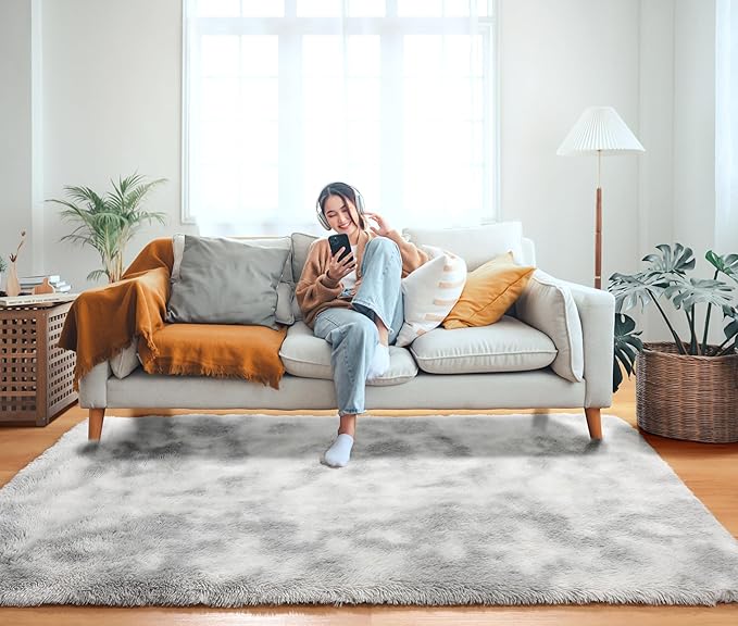 ONASAR Area Rugs for Bedroom Living Room, 4x6 Tie-Dyed Light Grey Fluffy Shaggy Bedside Throw Rug, Washable Indoor Soft Plush Floor Carpet for Nursery Kids Girls Boys Teen Dorm Home Office Decor
