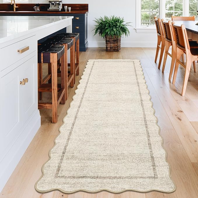 GarveeHome Scalloped Washable Runner Rug 2x6 Non Slip Kitchen Rugs Modern Beige Indoor Entryway Rug Farmhouse Soft Bath Mat Stain Resistant Carpet for Bedroom Hallway Laundry 2 ft x6 ft Beige