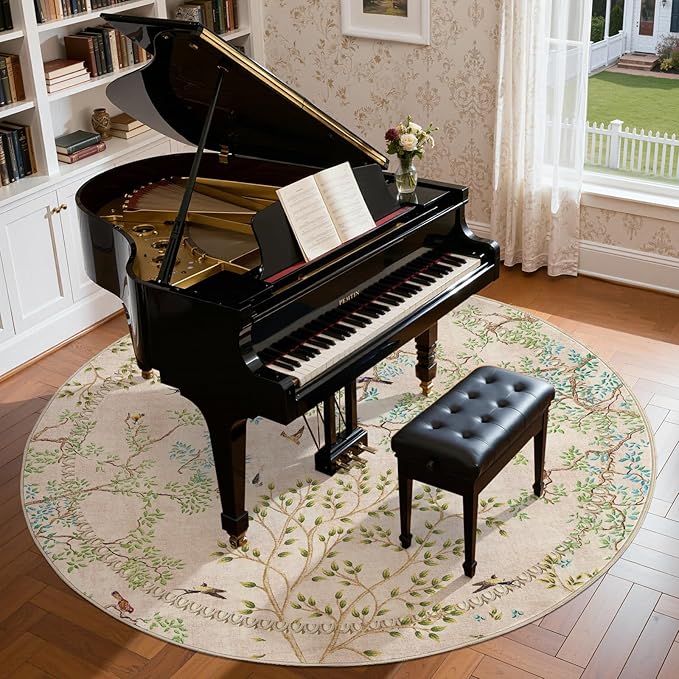 jinchan Yarden Round Rugs 8ft Beige Botanical Birds Print Machine Washable 8' Circle Nature Plants Modern Soft Non Slip Kids Throw Area Rugs Ultra Thin Low Pile Carpet for Living Room Bedroom