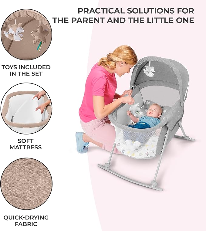 Kinderkraft LOVI Travel Bassinet for Baby, Portable Folding Baby Bed with Built-in Mosquito net, Adjustable Hood and an Additional Cradle Function, Beige
