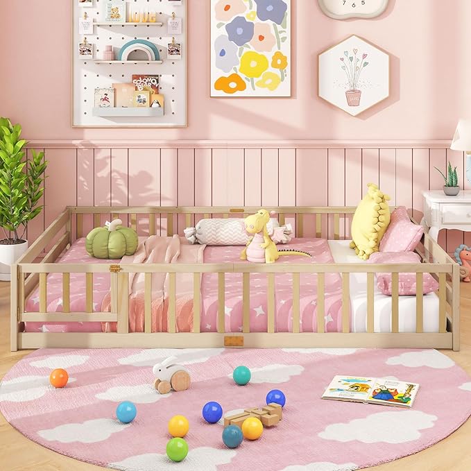 Giantex Queen Floor Bed with Door & Fence, Kids Wood Montessori Beds with Safety Guardrails, Floor Bed Twin for Kids, Boys, Girls, No Box Spring Needed, Natural