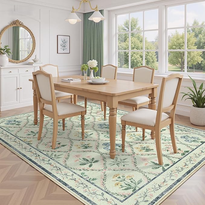 8x10 Washable Rug for Living Room,Green Floral Rugs for Bedroom,Boho Large Non Slip Ultra-Thin Distressed Farmhouse Carpet for Kids Playroom, Classroom, Girls Dorm, Nursery, Green Mult