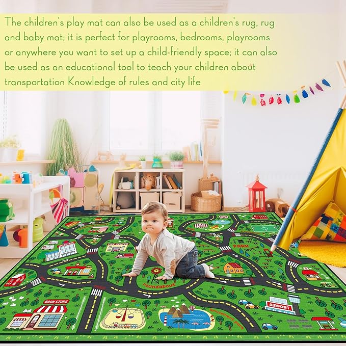 Tinideya Kids Carpet Playmat Rug Player Car Rug, 4 x 6 ft Traffic Map Mat Educational Game Area for Toddler Children Playroom Classroom Bedroom (City, Green)