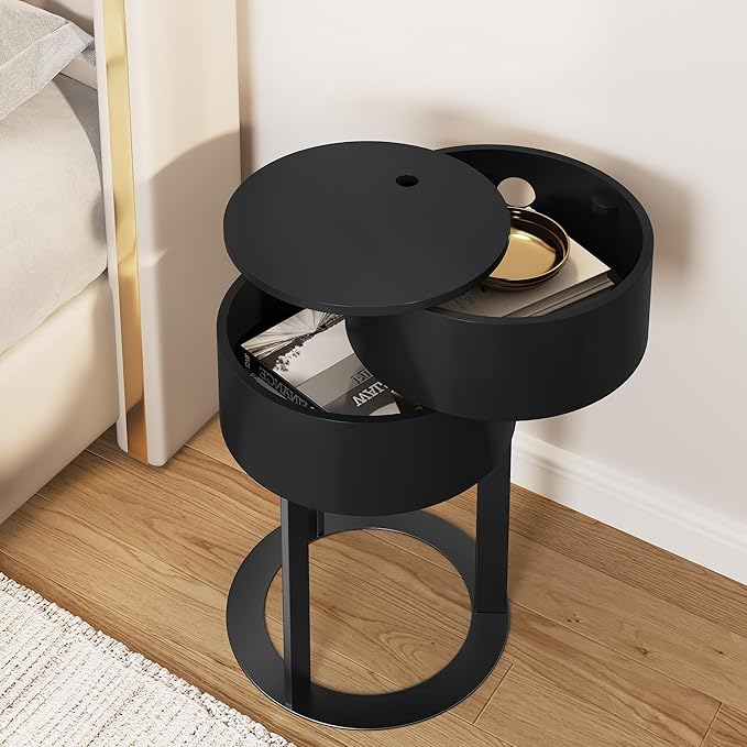 Round Side Table with Hidden Storage Drawers, Modern Nightstand with Swivel Drawer, Minimalist Bedside Table for Bedroom, Living Room, Black