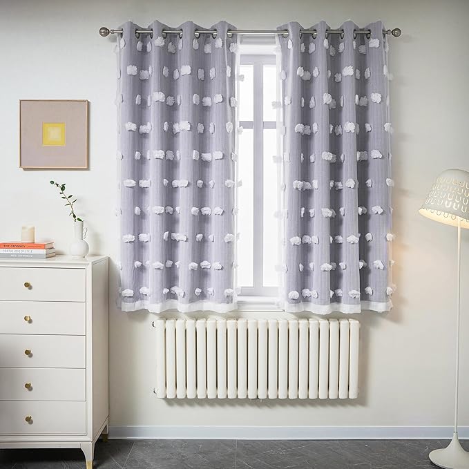 MYSKY HOME Lilac Curtains for Girls Bedroom Kids Curtain White Pom Pom Sheer Window Curtains 2 Panels Grommet Room Darkening Double Layer Nursery Curtains 63 Inches Length, Light Purple, W52 X L63