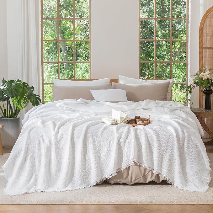 MooMee Muslin Blanket - 100% Cotton 4-Layer Gauze Throw Blanket with All-Around Fringe, Ultra-Soft Breathable Lightweight Cooling Decorative for Bed, Sofa & Couch (Bright White,King 104" x 90")