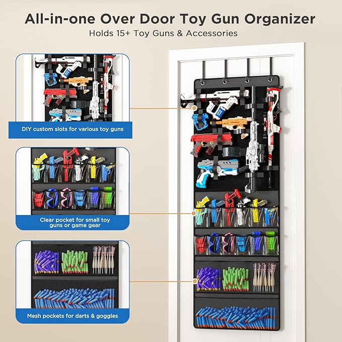 Over The Door Organizer for Toy Guns, Toys Storage Door Hanger with Pockets and Slots for Kids Foam Blasters, Darts, Goggles, Over Door Toys Storage Organizer, for Kids Rooms, Game Rooms, Gray