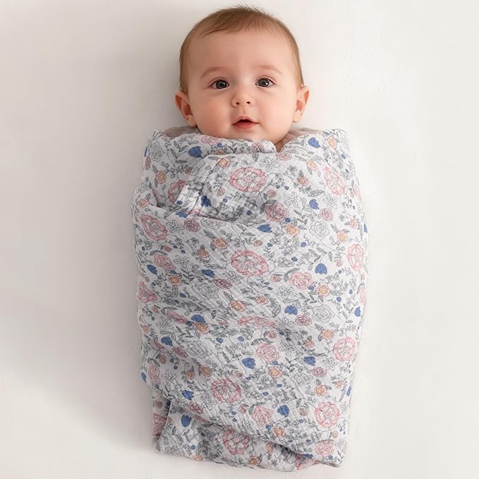 NTBAY 4 Layer Muslin Cotton Toddler Blanket, 30x40 Soft and Breathable Receiving for Newborns and Infants, Perfect for Crib, Stroller, Travel, Lightweight Nursery Blanket, Vintage Floral