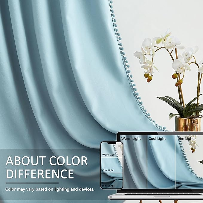 Treatmentex Blue Pompom Curtains for Bedroom Living Room 95 inch Triple Weave Half Blackout Window Curtains for Hotel Men's Guest Room Drapes 52" w x2 Panels Rod Pocket
