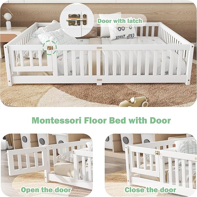 Bellemave Queen Size Floor Bed Frame with Slats and Safety Guardrail, Wood Queen Size Montessori Floor Bed with Door and Fence, Easy Assemble Montessori Beds for Kids, Girls, Boys, White