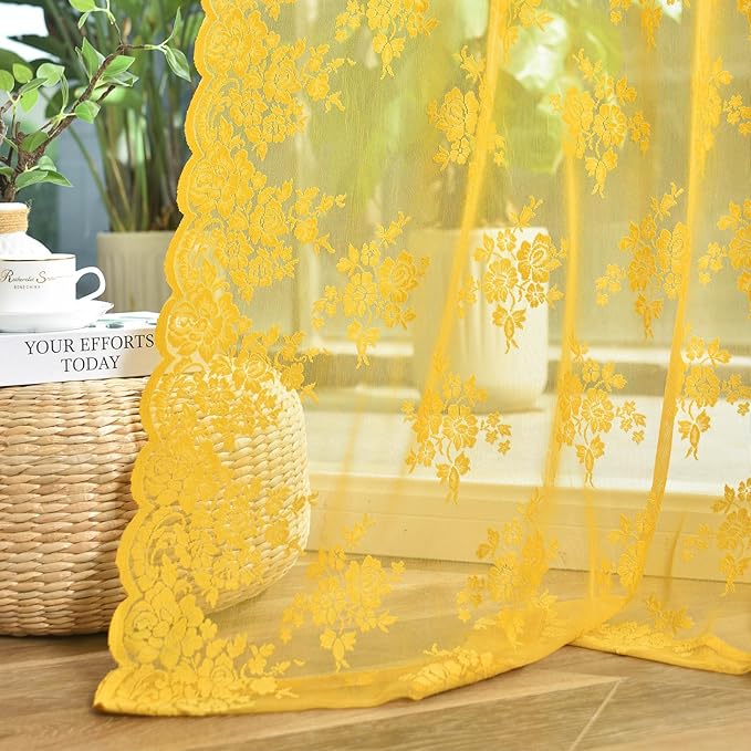 Kotile Mustard Yellow Sheer Curtains 63 Inch Length 2 Panels Set, Country Rustic Floral Retro Gold Lace Curtains for Bedroom, Rod Pocket Light-Filtering Privacy Boho Window Curtain Drapes, 52x63 Inch