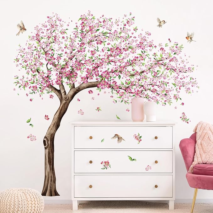 Tanlaby Large Cherry Blossom Tree Wall Decals Pink Peach Flower Tree Wall Stickers with Birds Peel and Stick Spring Wall Art Decor for Girls Kids Bedroom Nursery Living Room TV Decor