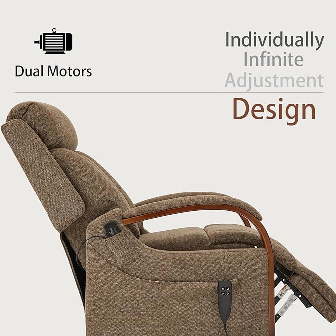 DYNOX Small Lift Chair Recliner with Heat and Massage, Dual Motor Power Lift Sofa for Elderly,Infinite Adjust for Back and Footrest,Side Pocket(9185,Brown,Linen Fabric