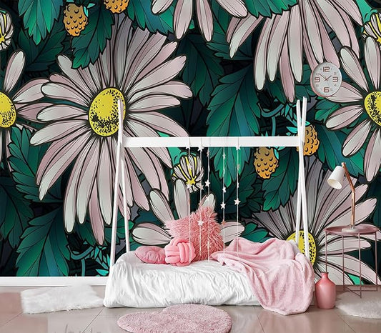 XMPMBM-Sunflower Cartoon Plant Floral Fabric Wallpaper Leaf Botanical Living Room Bedroom Bathroom Nursery Room Wall Mural-W 154" X H 105"（112 Square Foot）