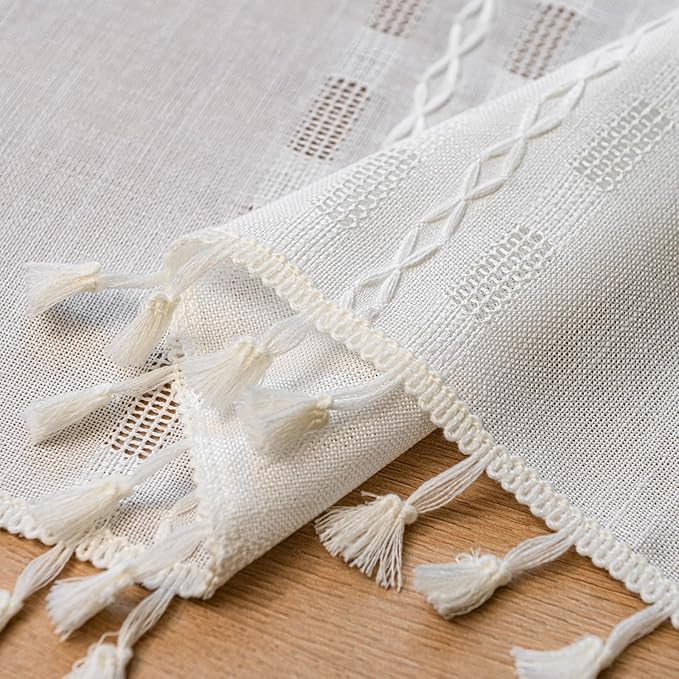 Deeprove Boho Valance Kitchen Short Curtain, Textured Striped Drape Light Filtering Tier Embroidered Chic Window Treatment for Cafe Restaurant Laundry Room, W52 x L18 inch Single 1 Panel Cream White