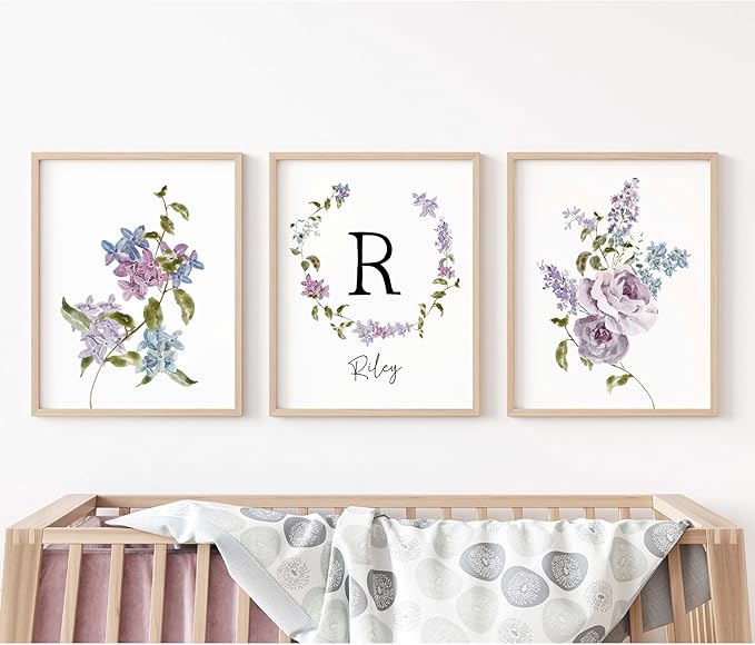 Personalized Name Flower Nursery Wall Art Prints, Crib & Nursery décor, Newborn Baby Girl Gift Present, Floral Baby Girl Room Pictures, Poster For Baby And Kids (3 Prints, Flower 2)