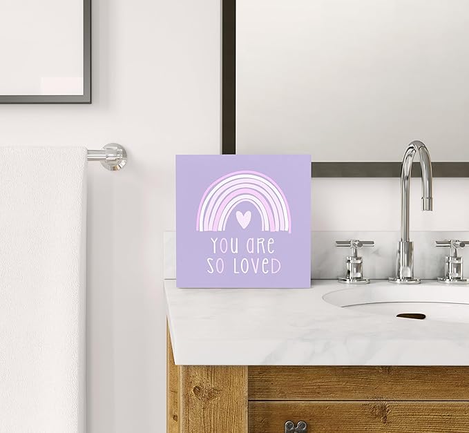 SRADMO You Are So Loved Rainbow Heart Wood Box Sign Desk Decor, Kids Inspirational Quotes Wooden Block Box Sign Decoration for Kids Room Nursery Shelf Table Decorative Accessories (Purple), 8x8 Inches