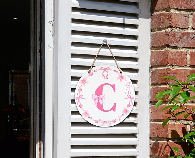 Monogram Round Sign For Front Door, Cherry Bow Theme Sign For Porch Art Wall Door, Initial Signs Hanging Ornament For Indoor Outdoor, Decorations Gifts For Four Seasons Rustic Home Kitchen, C, A03