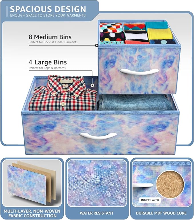 Sorbus Kids Dresser with 12 Drawers - Chest Organizer Unit with Steel Frame Wood Top & Handle, Fabric Bins for Clothes - Large Furniture for Bedroom Hallway Kids Room Nursery & Closet (Blue - Tie-dye)