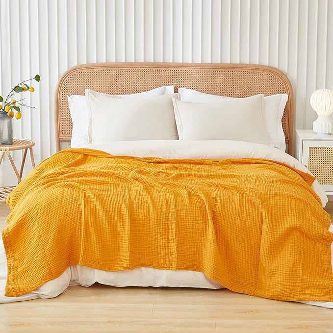 EMME Cotton Muslin King Blanket Bed Layering Breathable Gauze Blanket Soft Lightweight Blankets Adults (Mustard Yellow, 108"x90")