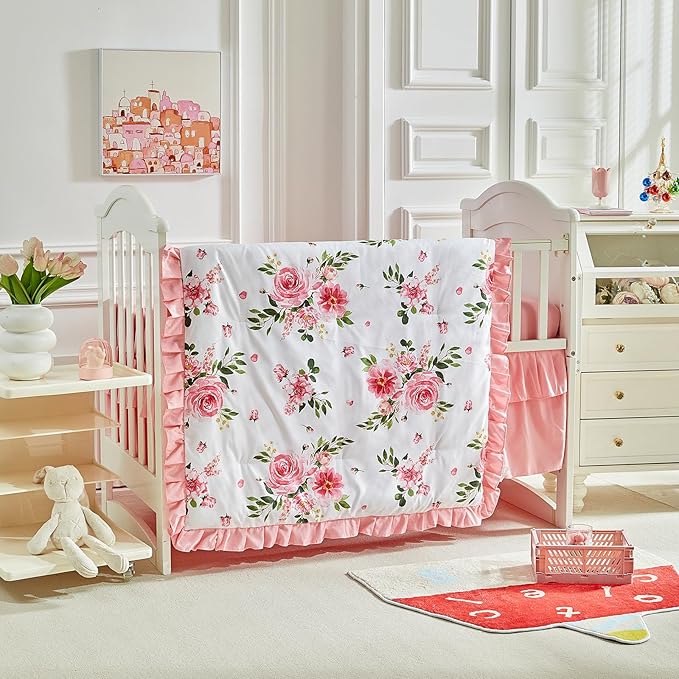 3 Pieces Flowers Mini Crib Bedding Set Baby Ruffled Quilted Comforter with Fitted Sheet and Bed Skirt - Cute Ruffled Shabby Chic Baby Bedding Soft Blanket Floral Design Only for Min Crib