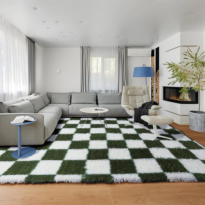 KICMOR Area Rug 5x7 for Living Room, Soft Fluffy Olive Green and White Checkered Shag Rugs Shaggy Fuzzy Carpet for Bedroom, Indoor Furry Plush Floor Rug for Kids Boys Girls Dorm Nursery Home Decor