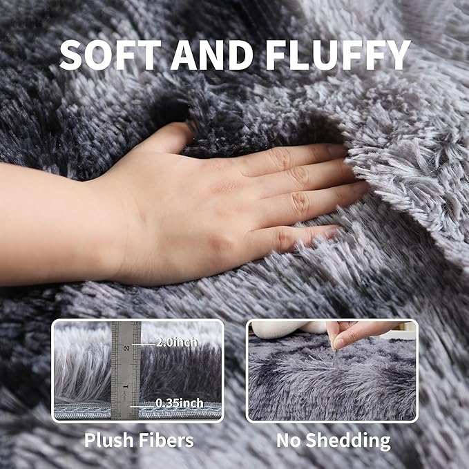 Grey Fluffy 9x12 Large Area Rugs for Bedroom Living Room,Tie-Dye Dark Gray Soft Washable Shag Carpet for Kids Room, Nursery, Dorm Decor, Colorful Cute Plush Fuzzy Rugs for Baby Toddler