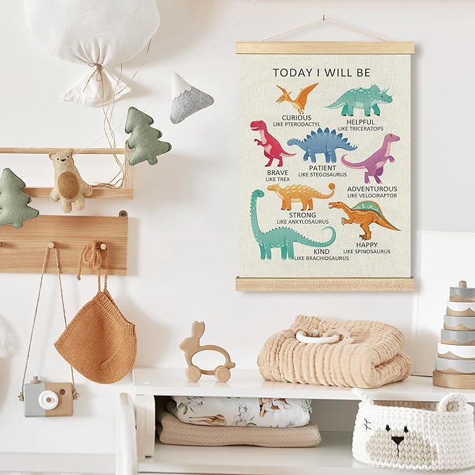 BCUANGD Dinosaurs Dino Wall Decor - Toddler Baby Boys Room Wall Art Poster Hanger with Wood Frames, Inspirational Mental Health Wall Hanging Canvas Decor for Kids Room Nursery Bedroom, 12x16 Inches
