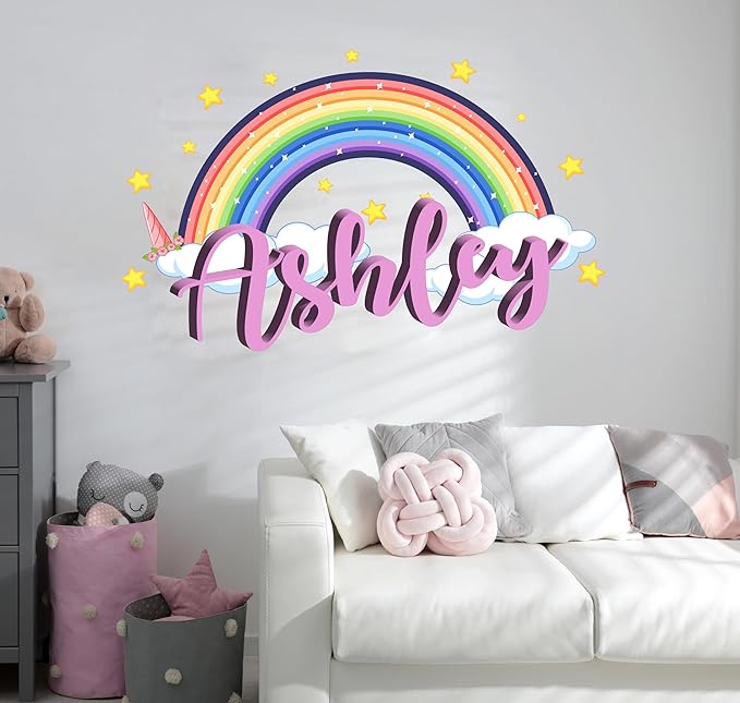 Custom Name Rainbow Wall Decal for Girls - Personalized Name Stars Clouds Sticker - Rainbow Wall Decal - Cute Unicorn Sticker for Kids Decor- Removable Vinyl for Nursery Decor (Tiny Wide 8"x5" Height)